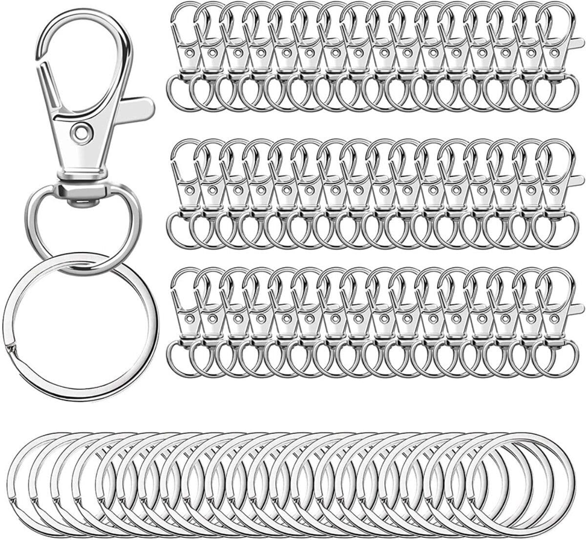 INF Zinklegierung Schlüsselanhänger-Set 25 Schwenkkarabiner + 25 Schlüsselringe, Silber, Multifunktional
