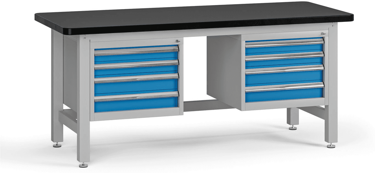 B2B Partner Stół warsztatowy G4 z 2 szafkami na narzędzia, blat MDF + PCV, 8 szuflad, 1800 x 750 x 800 mm, niebieski