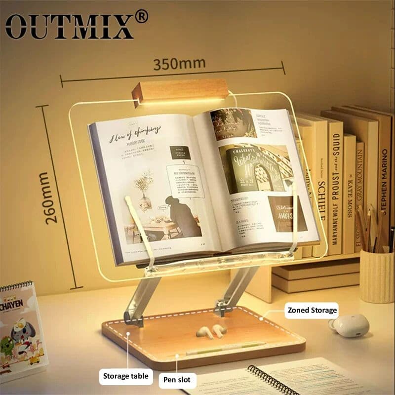 NONE Wooden Reading Stand with Light Transparent Acrylic Multifunction Lifting Tablet Holder Laptop Bracket Desktop Storage Bookshelf