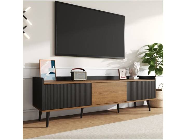 Meuble TV 3 portes Finitions bois noir et naturel 160 x 39 x 49cm