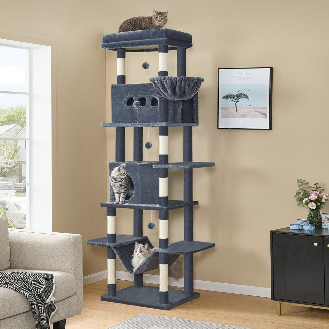 17 Stories Cat Tree for Indoor Cats, Large Tall Cat Tower, Multi-Level Cats House with Condo, 8 Scratching Posts, Hammock, 4 Pom Poms Dark Grey 210cm H x 60cm W x 50cm D