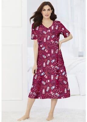 Plus Size Women's V-Neck Short Sleeve Midi Cotton Sleep Shirt by Dreams & Co. in Pomegranate Coffee Cup (Size 1X/2X) Nightgown