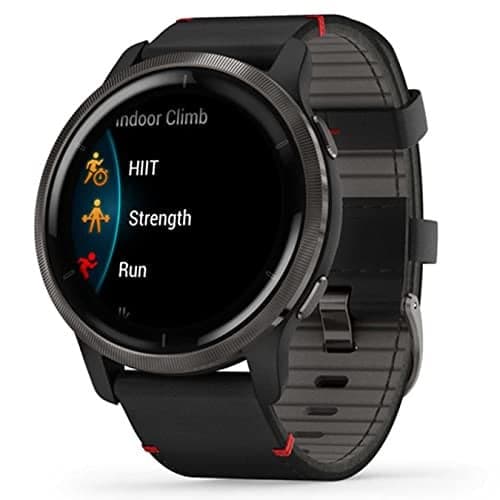 Garmin Venu 2 smartwatch met zwarte roestvrijstalen lunette en zwarte lederen band, Ø 33,0 mm