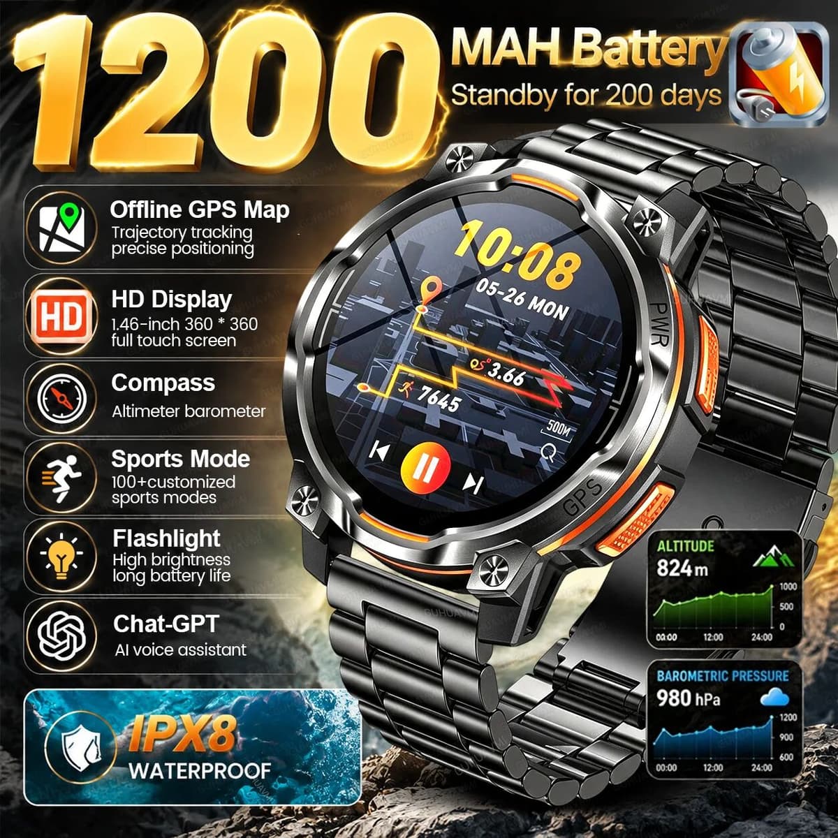 GUHUAVMI Men Outdoor Military Smart Watch GPS Compass LED Flashlight 1200mAh Battery IPX8 Waterproof Bluetooth Call Sports Smartwatch