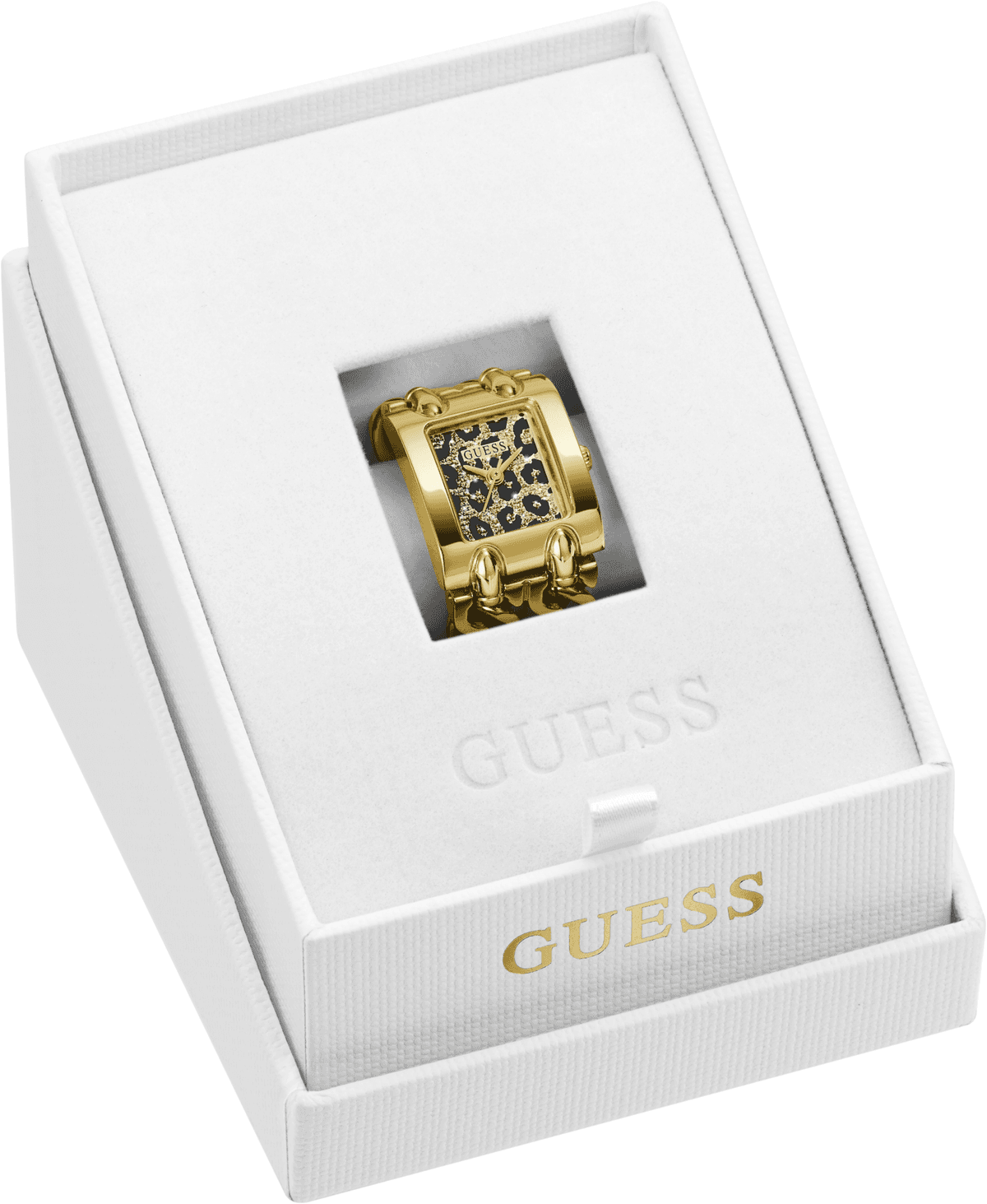Uhrenring GUESS "MOD HEAVY METAL", gold (goldfarben, leopardfarben, goldfarben), Armbanduhren, Damen, goldfarben, Uhrenring, Quarzuhr, Damenuhr, Edelstahlringschiene, analog