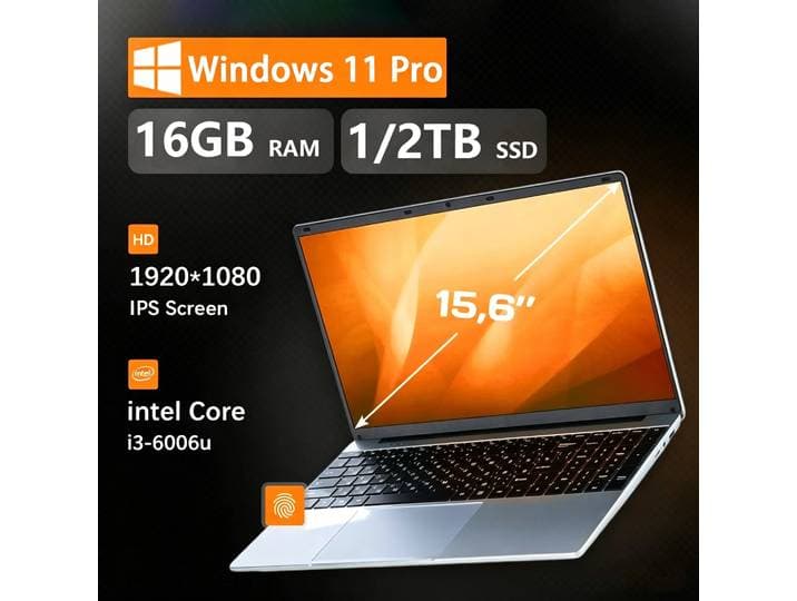 Ordinateur portable 15,6' FUCHU avec déverrouillage par empreinte digitale, Windows 11 Pro, processeur Intel Core I3 6006U, 16 Go de RAM, 1 To de SSD, ordinateur de bureau