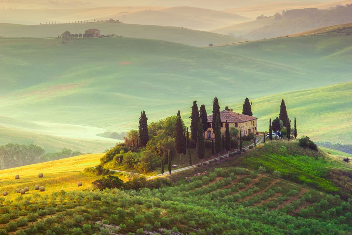 Fototapete PAPERMOON "Tuscany Farm Landscape", bunt, B:5m L:2,8m, Vlies, Tapeten, Fototapete