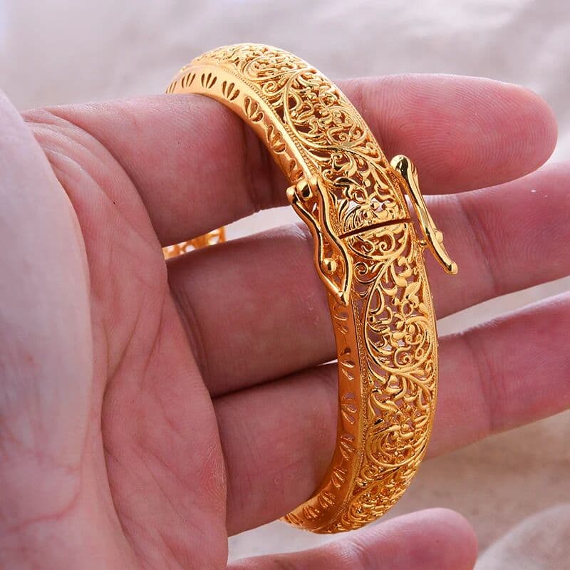 annayoyo Dubai Gold Color Bangles For Women African Bride Wedding Banquet Party Bracelet Jewelry Gifts Arabic Charm Flower Shape Bangles