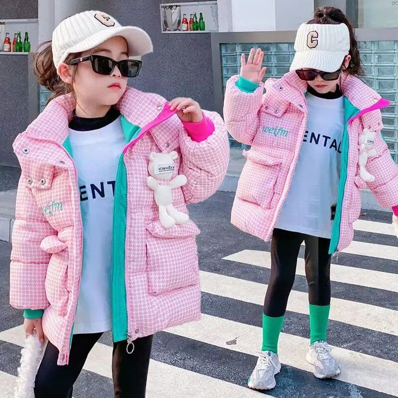 NONE 2025 Winter Keep Warm Princess Girls Jacket Grid Design Padded Lining With Velvet Hooded Heavy Coat For Kids Sent Bear Doll