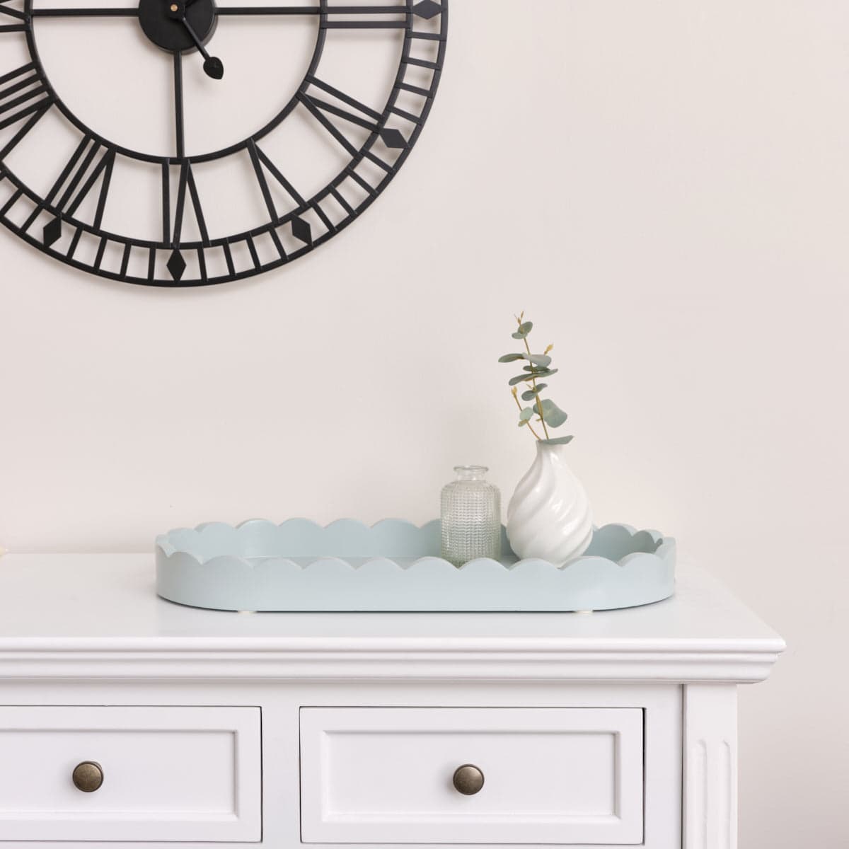Pale Blue Oblong Scalloped Tray - 50cm Wood