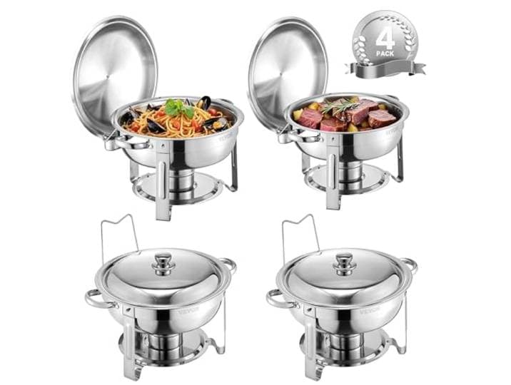 VEVOR Chauffe-Plat 4PCs 4\,7 L\, Buffet Chauffant Rond\, Réchaud en Acier Inoxydable\, avec 4 Bacs Pleine Grandeur\, Couvercle et Pince\, pour Buffet Libre-Service Hôtel Traiteur Restauration\, Argenté