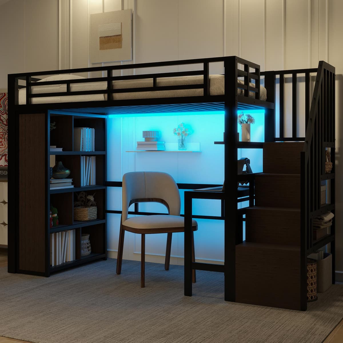 Metall-Hochbett 90 × 200 cm mit Schreibtisch, Stauraumtreppe, Regalen und Ablagefach, per App steuerbarer LED-Lichtleiste, Eisen- und MDF-Rahmen, Schwarz