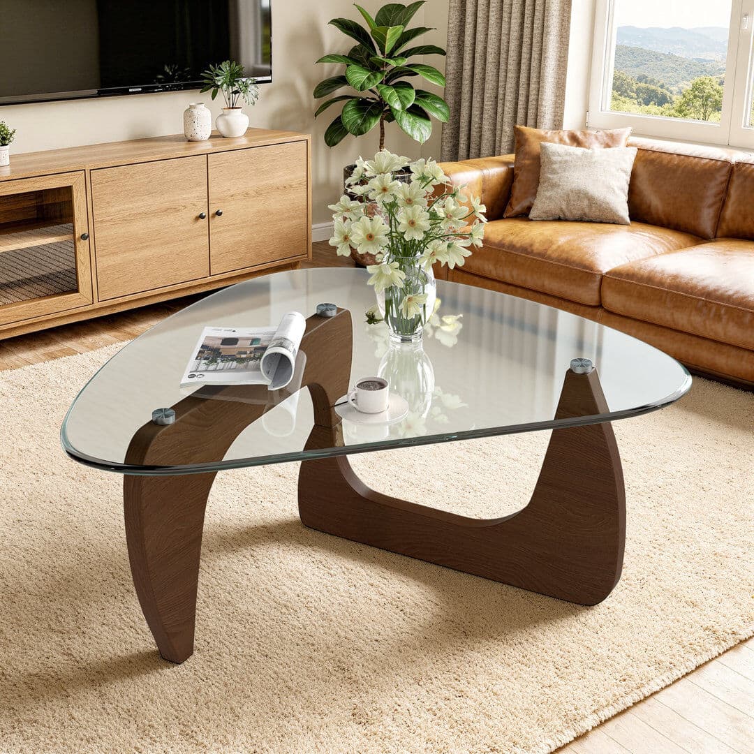 17 Stories Glass Coffee Table with Solid Wood Frame, Arc Design & Rounded Safe Corners, Waterproof Heat-Resistant Easy-Clean Surface, Pet-Friendly Durable, Multi Brown/Clear 40cm H x 80cm W x 48cm D