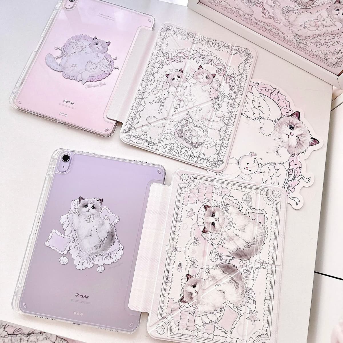 NONE Pink Kawaii Cat For iPad Case iPad Pro 13/11/Air 6/10/Mini & iPad 9th Cute Transparent Acrylic Y-Fold Cover with Pencil Slot