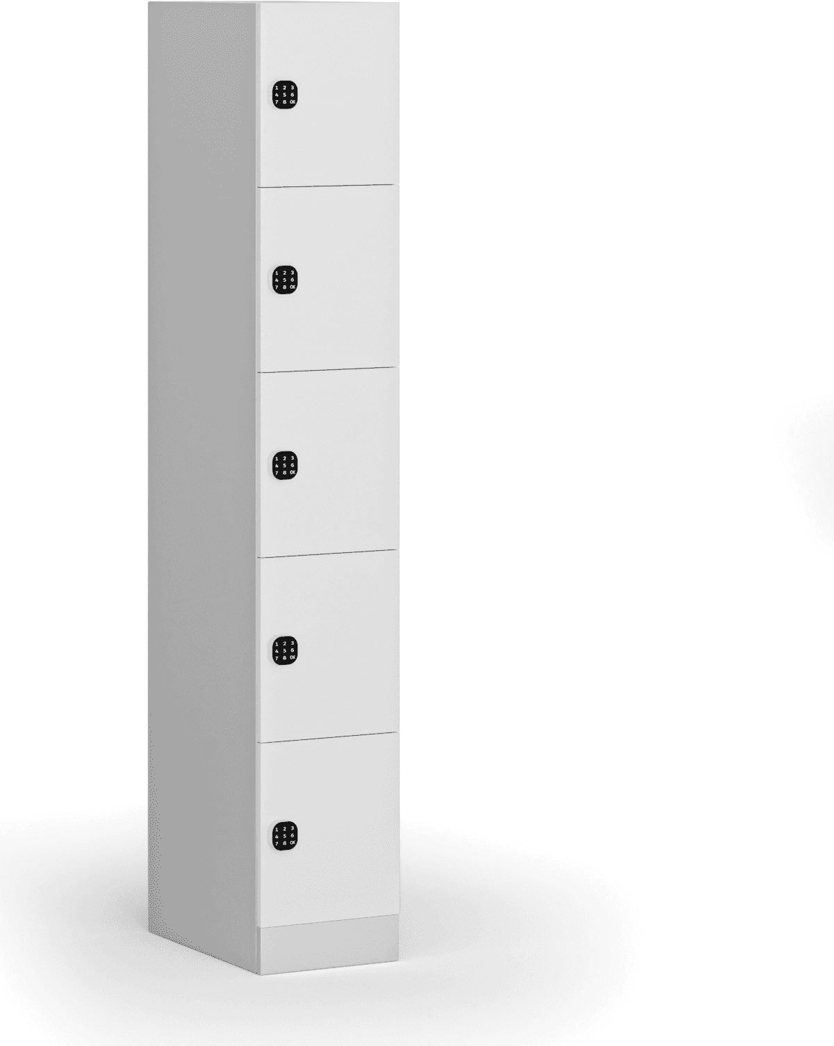 B2B Partner Šatníková skrinka S1 s úložnými boxmi, 5 boxov, 1850 x 300 x 500 mm, demont, kódový zámok, laminované dvere, biela