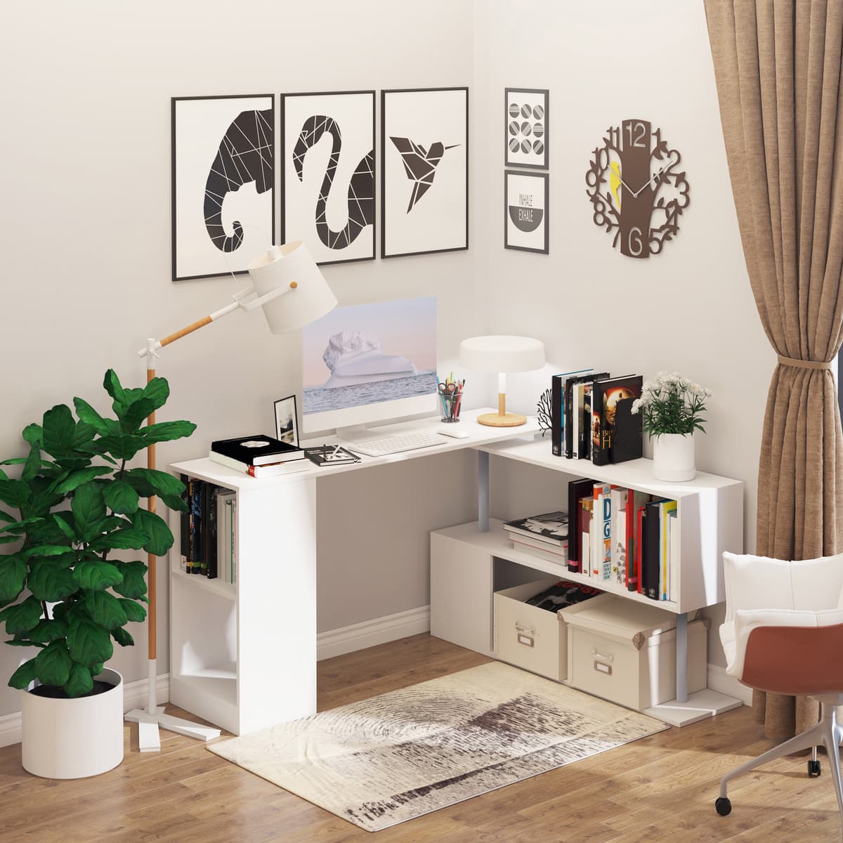 Homcom Scrivania Moderna, Angolare e Girevole con Libreria per PC, Camera o Ufficio, Tavolo da Pranzo in Truciolato Bianco, 140x120x78 cm Aosom