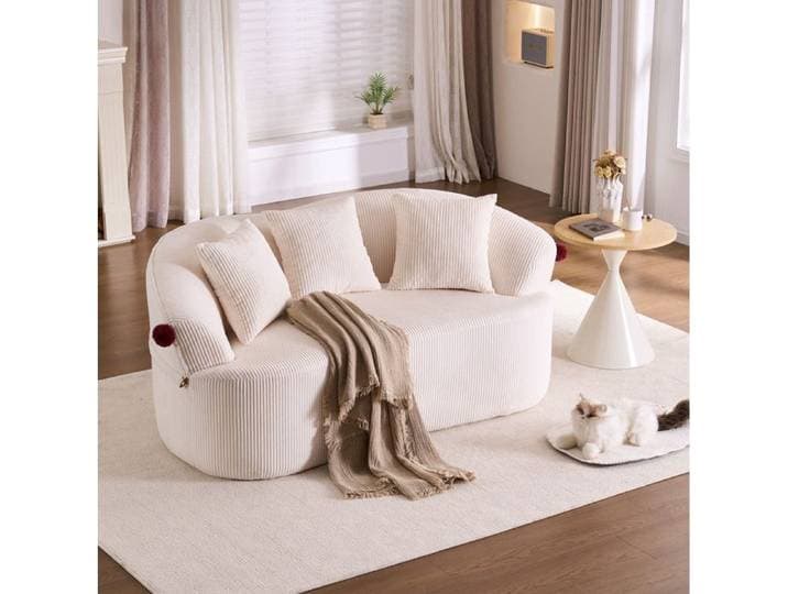 VUENOR Canapé fixe 2 places incurvé blanc en velours côtelé – 3 coussins et tapis pour animal inclus