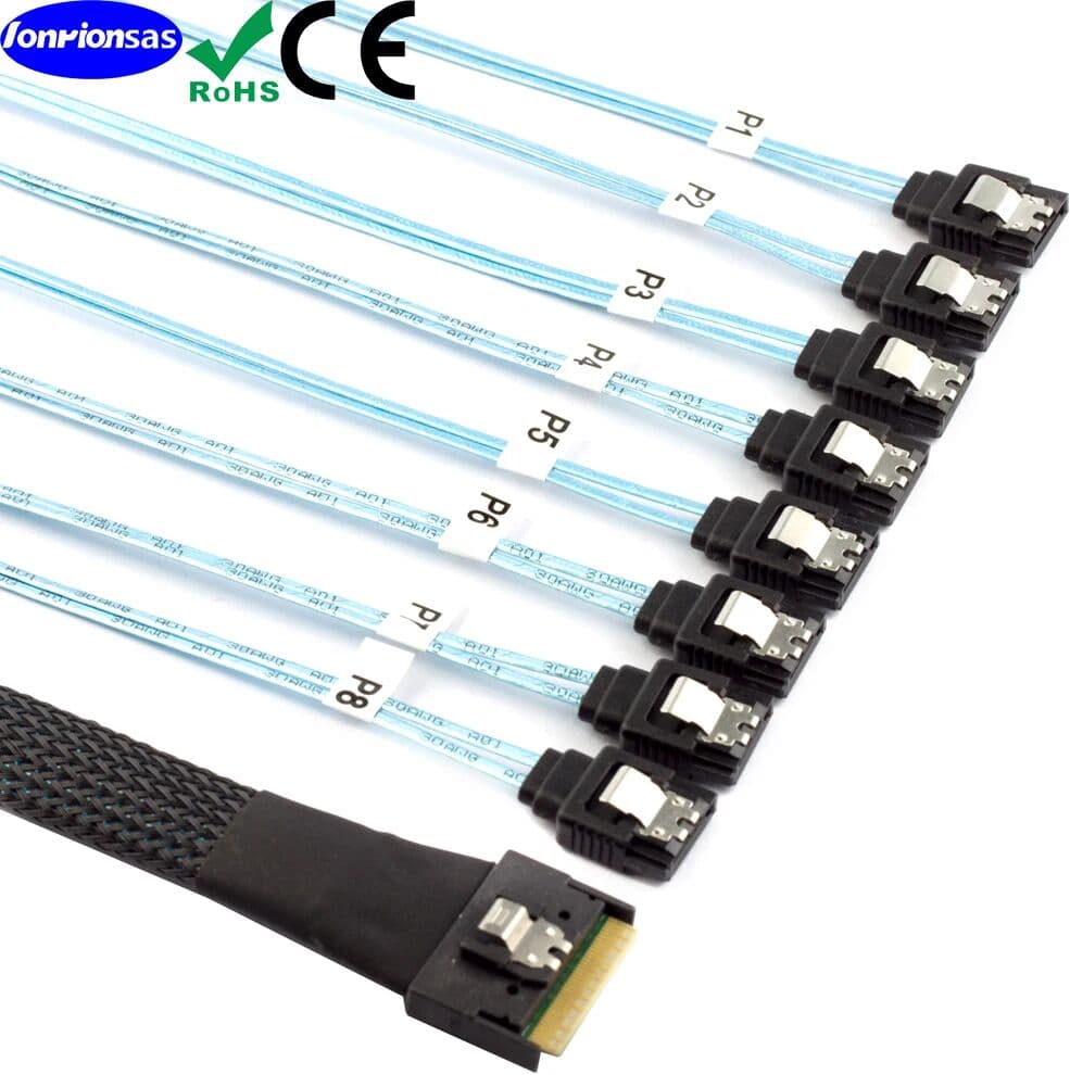 lonrionsas Half-wrap Scoop-Proof Insertion Slim SAS 4.0 SFF-8654 8i 74Pin to 8X SATA 7Pin Female Straight with Locking Latch 12Gbps Cable