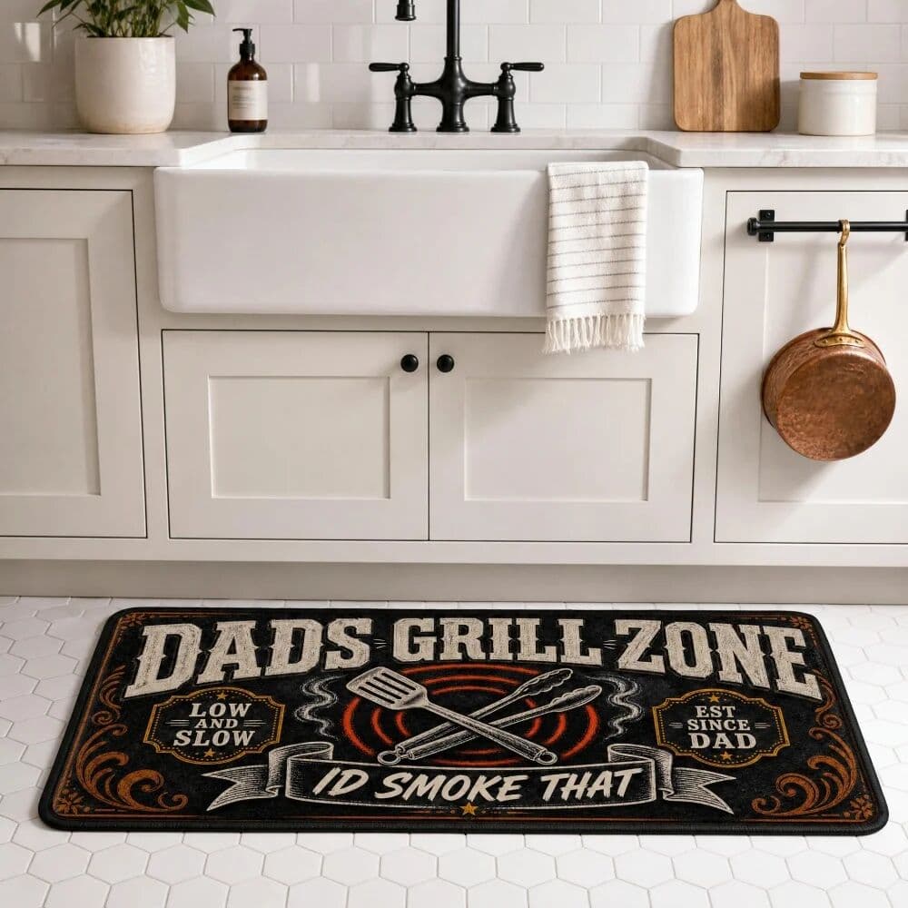 NONE Dad's Grill Zone Flannel Rug, BBQ & Grilling Themed Non-Slip Floor Mat, Soft Printed Carpet for Patio, Kitchen,Father's Day Gift