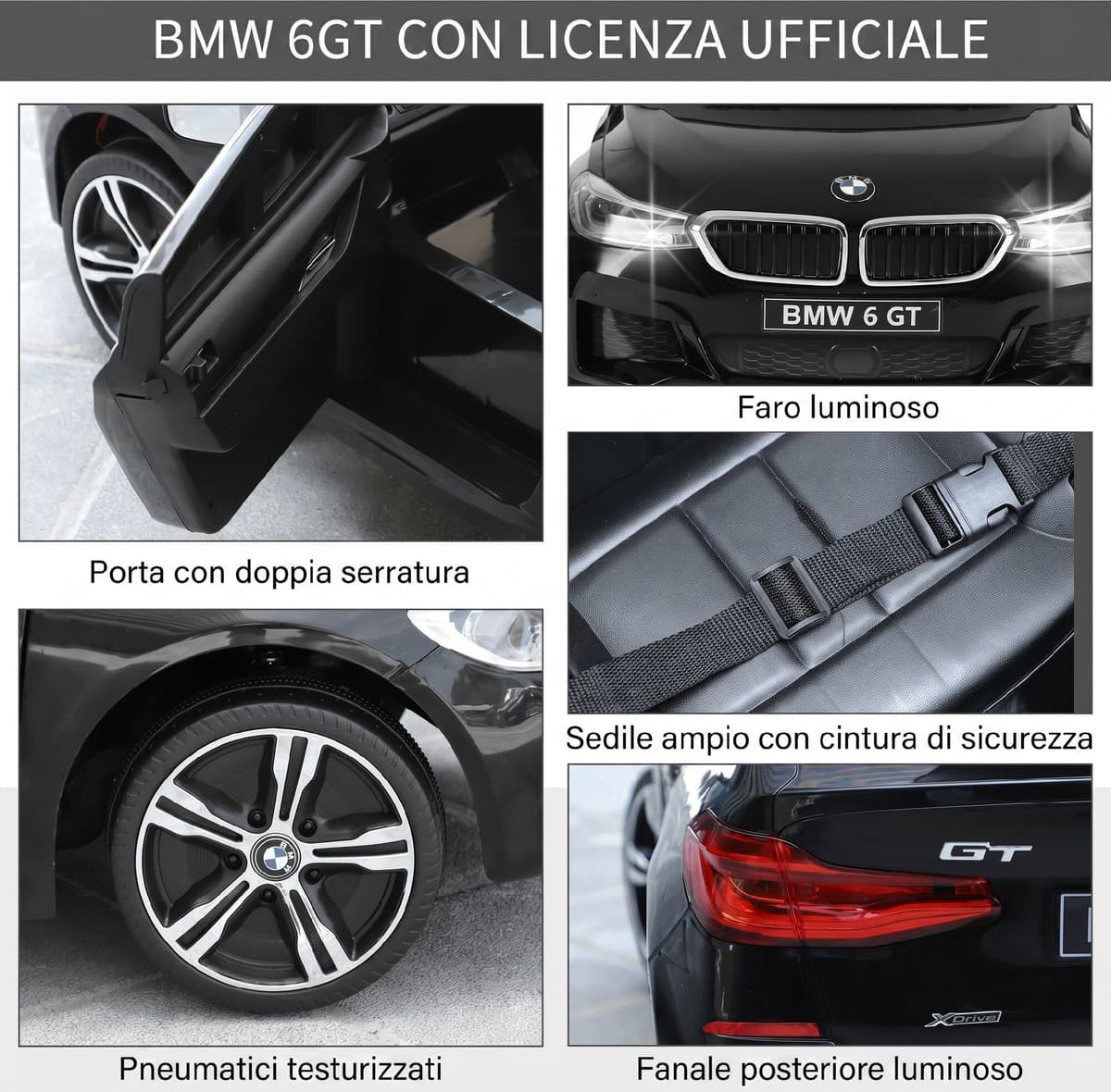 Altro Macchina Elettrica Per Bambini Bmw 6gt 6v, Macchina Telecomandata Con Musica E Fari Led, Mp3, Clacson, 106 X 64 X 51 Cm, Nero