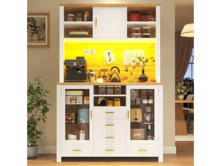 Buffet armoire de cuisine et salon 120x40x188cm style campagnard 4 portes 6 tiroirs 3 portes avec barre lumineuse LED blanc