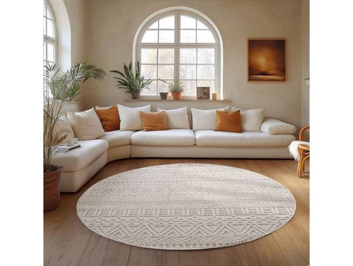 Carpettex Tapis Rond 160 cm Crème Design Vintage Scandinave Doux Résistant Facile à Nettoyer Grand Tapis Salon Chambre.