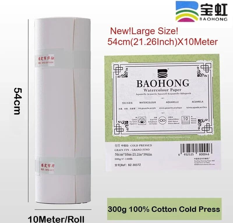 NONE Baohong 100% Cotton Watercolor Paper Roll 54cm(21.26-inch) x 10-Meter 140lb/300g Acid-Free Mixed Media Artists Students