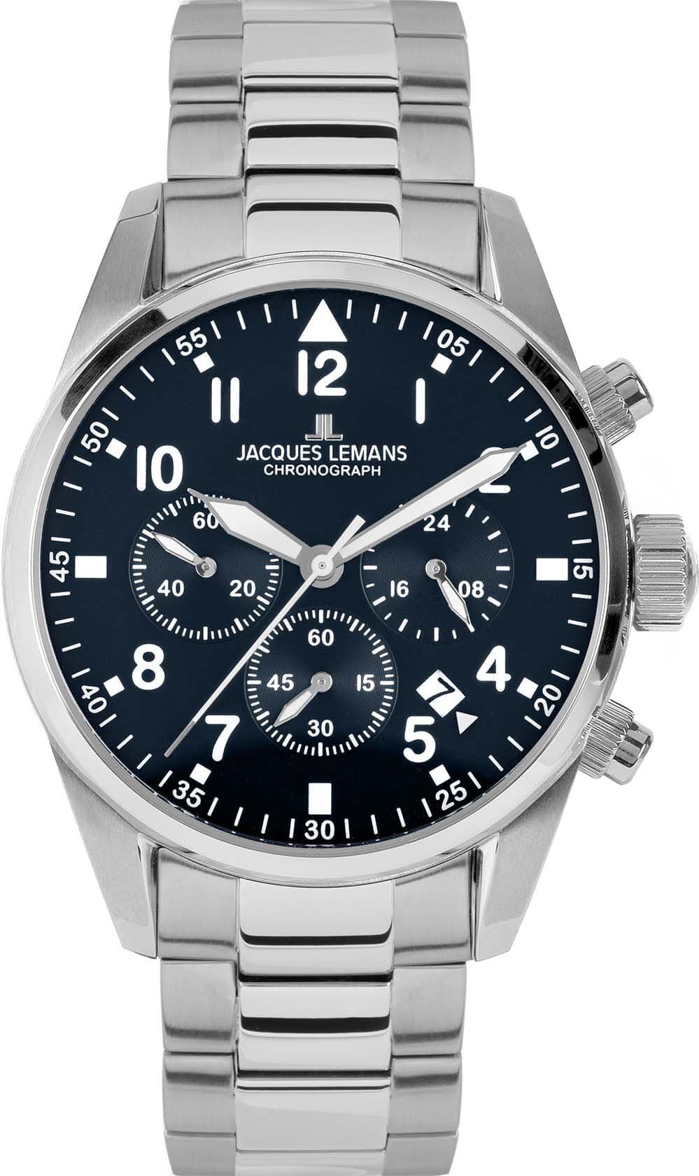 Chronograph JACQUES LEMANS "Barcelona", silber (silberfarben, dunkelblau), Armbanduhren, Herren, Chronograph, Quarzuhr, Armbanduhr, Herrenuhr, Edelstahlarmband,bis 10 bar wasserd.