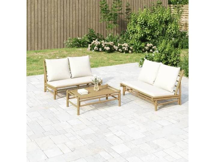 Salon de jardin (lot de 2) Design modulaire avec coussins blanc crème bambou - Petit canapé balcon LL2270