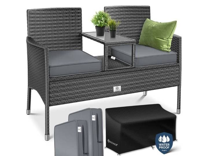 Banc de jardin en rotin anthracite - KESSER - 2 places - Table intégrée - Coussins d'assise inclus