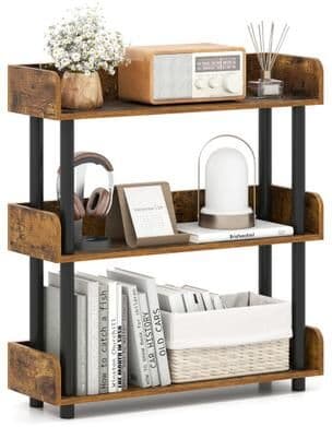 Costway 3-Tier Bookshelf with Anti-Tipping Kit and Industrial Storage Unit for Living Room-Rustic Brown