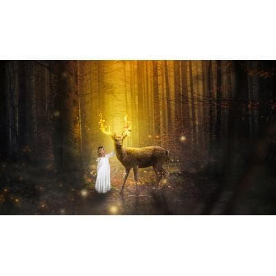 Fototapete PAPERMOON "Mädchen Hirsch Buck Liebe Hoffnung", bunt, B:3,5m L:2,6m, Vlies, Tapeten