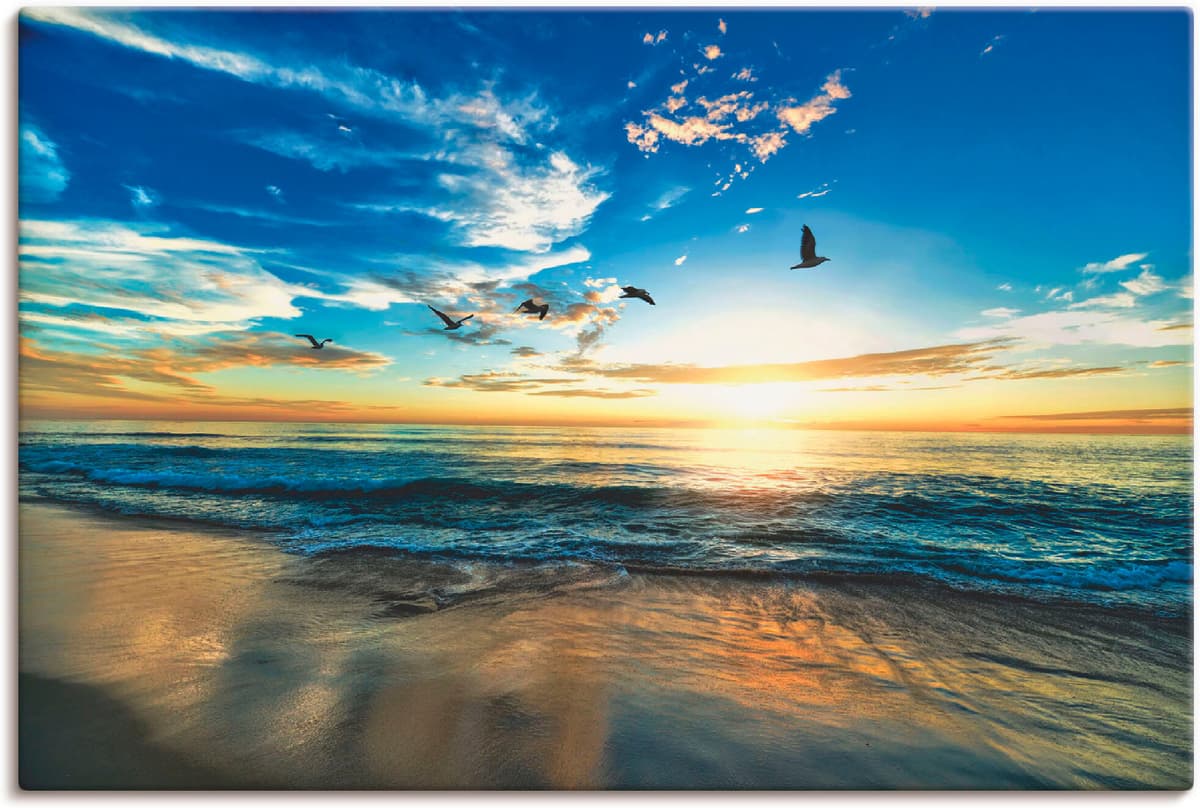 Wandbild ARTLAND "Strand Möwen Meer Sonnenuntergang", blau (farbe bild(er): blau), B:60cm H:40cm, Bilder, Wandbild, als Leinwandbild, Poster in verschied. Grössen farbe bild(er): blau B/H/T: 60cm x 40cm, Leinwandbild Sonnenaufgang & -untergang, 1 Stk.