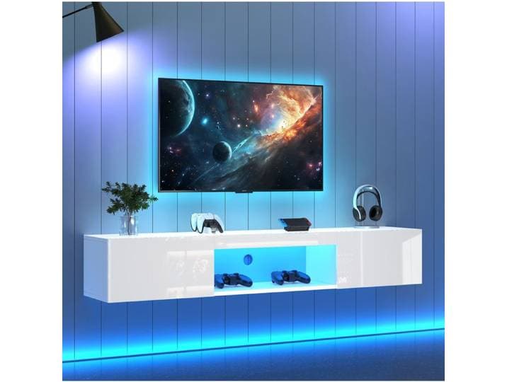 ROVRYN Meuble TV mural 160 x 31 x 22 cm blanc brillant avec LED 2 portes niche ouverte et passe-câbles
