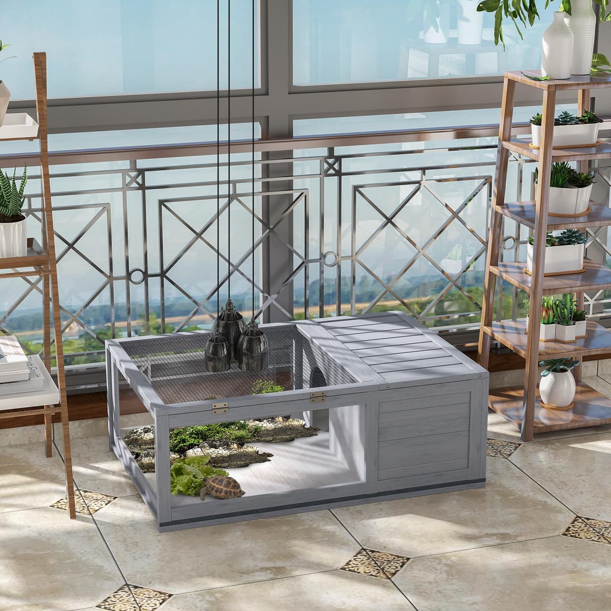 Pawhut Casa per Tartarughe di Terra in Legno di Abete con Pannello Apribile e 2 Spazi Separati, Grigio   Aosom Italy