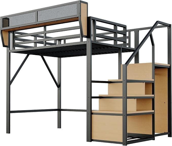 Hochbett 140x200 cm, Kinderbett mit Sicherheitsleiter und Flexiblem Staufach, Metallbett Erwachsenenbett Kinder-Etagenbett, Ohne Matratze, Schwarz