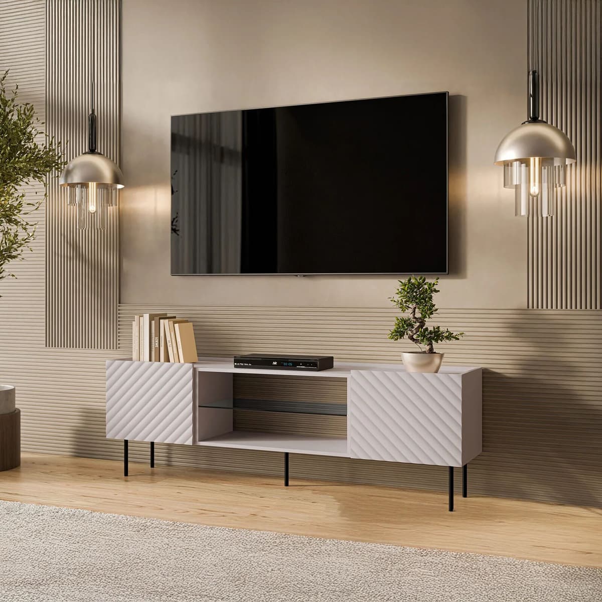 garneroarredamenti Mobile porta TV 181x59h cm 2 ante 2 vani con frontali decorati beige Daniele