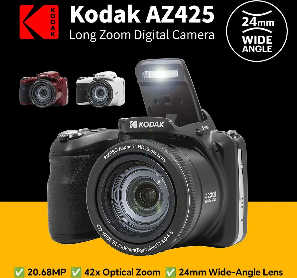 100% Original KODAK PIXPRO AZ425 Digital Camera 20MP 42X Optical Zoom 24mm Wide Lens OIS 1080P Rechargeable Travel Vlog Camera