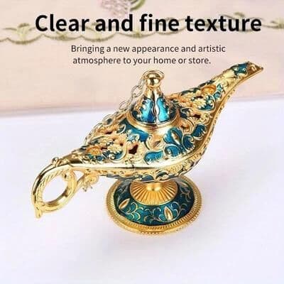 Uplifted Finds Retro Aladdin Magic Lamp Ornament   Large European Metal Decoration   Vintage Russian Style Wishing Lamp Gift gold Blue