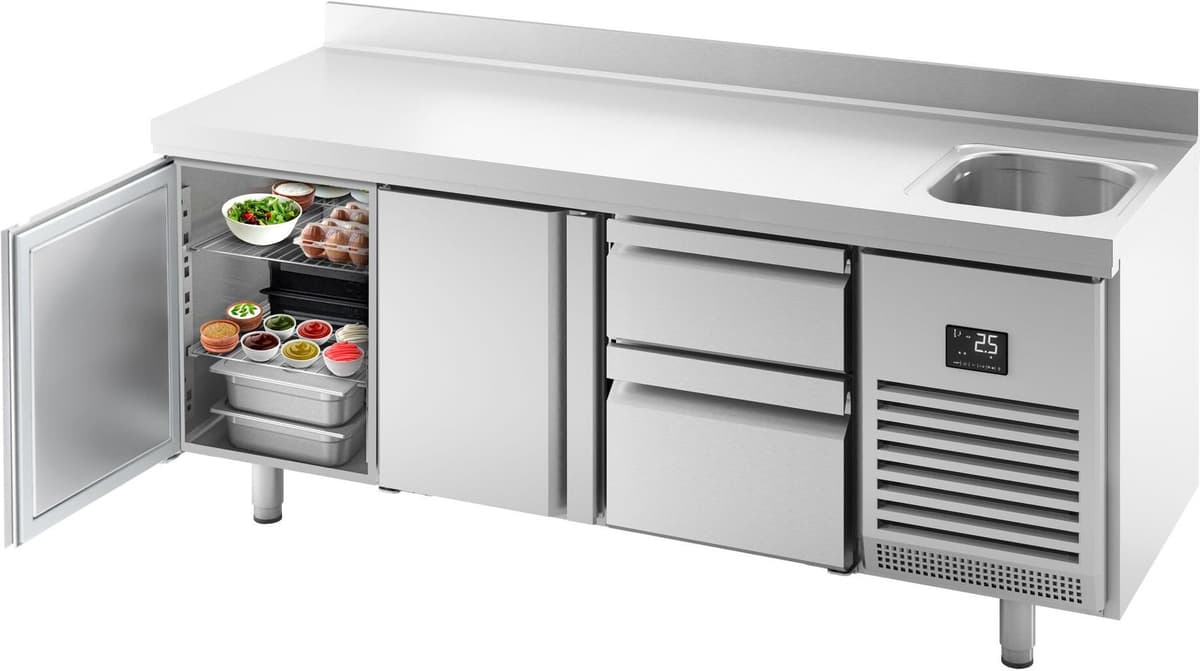GGM Gastro Koelwerkbank PREMIUM PLUS - 1960x600mm - 385 liter - met 2 deuren - met 2 lades - opstand zilver