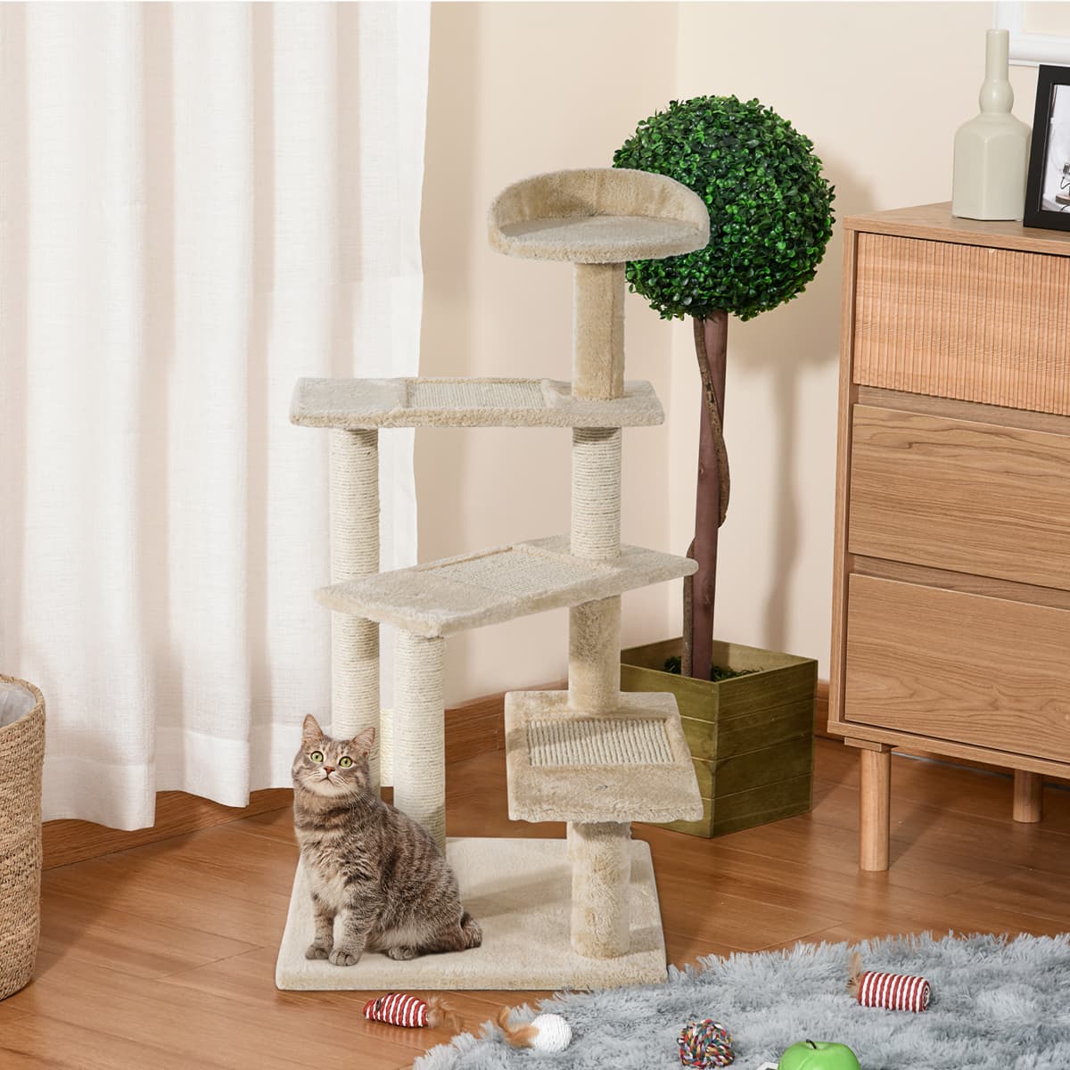 Pawhut Tiragraffi Gatti Trespolo Multilivello in Sisal, Albero per Gatti con Piattaforme e Cuccia in Peluche Beige, 50x50x100cm Aosom