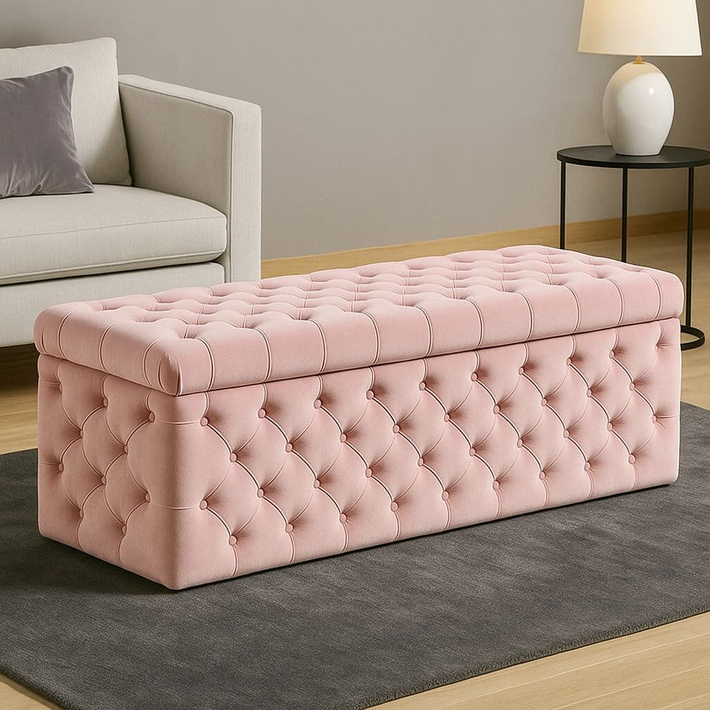 R&M Furnishers Lux Wide Velvet Chesterfield Rectangle Solid Color Standard Ottoman Box with Storage Pink 120cm W x 42cm D x 40cm H