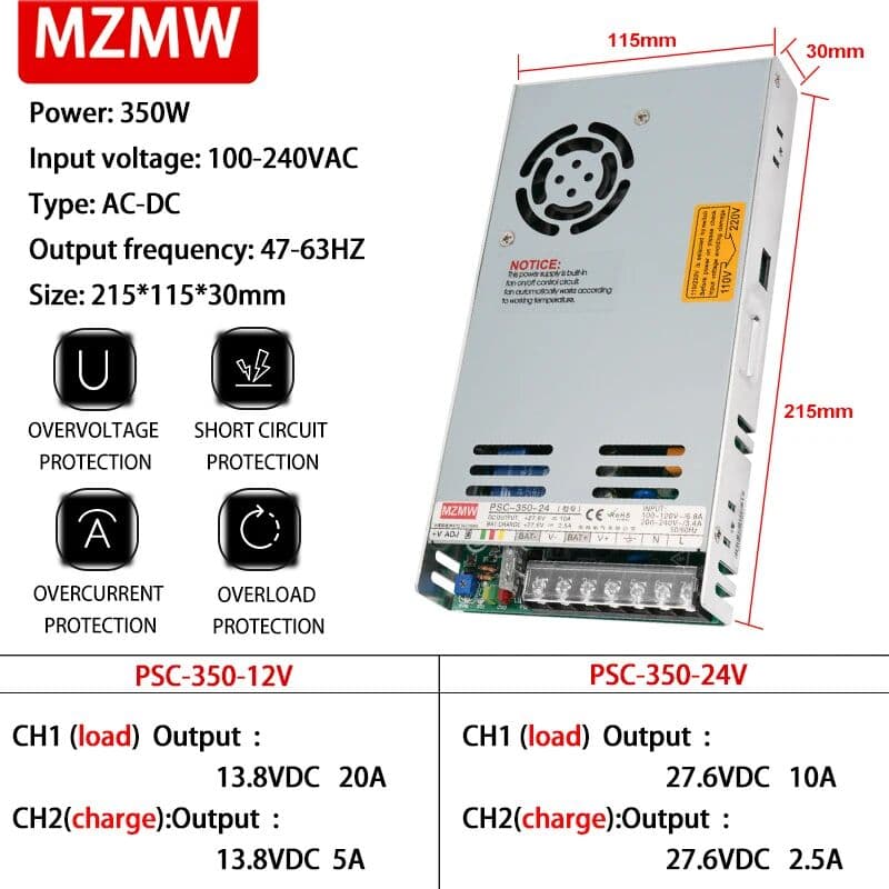 MZMW 350W UPS  Charger Switching Power Supply 12V 24V AC DC 13.8V 20A 27.6V 10A Uninterruptible Power SMPS PSC-350-12 PSC-350-24