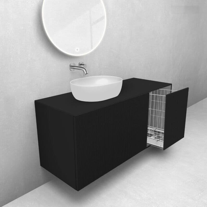 Oltens Lun Rila zestaw mebli łazienkowych 120 cm ryflowany z blatem i koszem cargo czarny mat 68927300