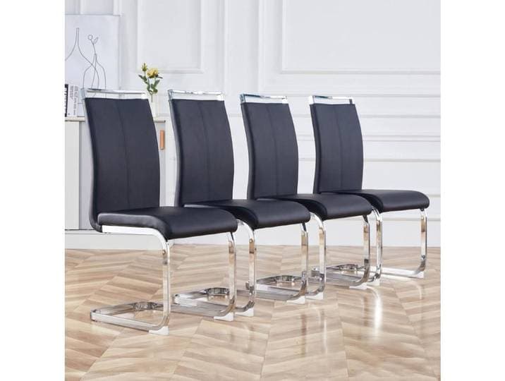 MEULVA Lot de 4 chaises de salle à manger luge en simili cuir noir métal chromé dossier haut 120 kg