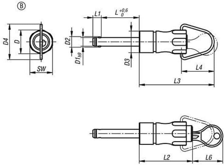 KIPP Kugelsperrbolzen abschließbar Form B mit Griffmulde und Ring 10mm 40mm (K1803.102210040)