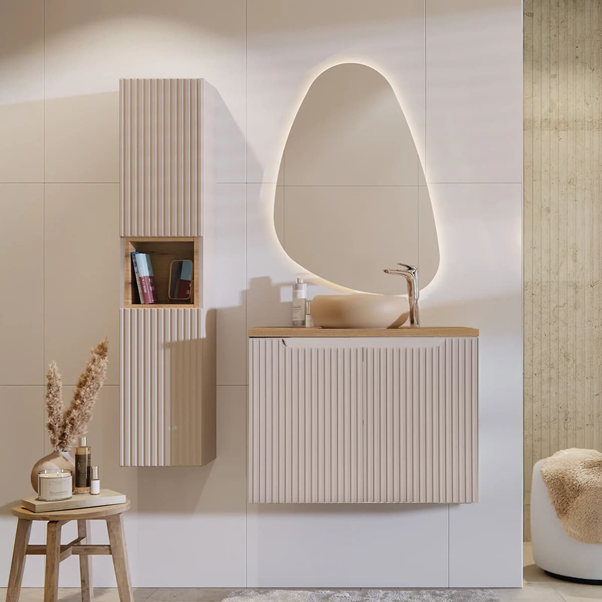 garneroarredamenti Mobile bagno sospeso cannettato 80cm con lavabo e colonna beige rovere Cleany