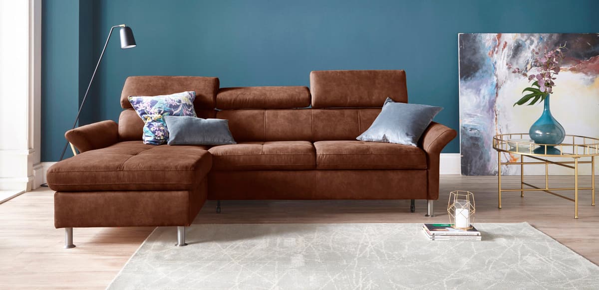 Ecksofa EXXPO - SOFA FASHION "Maretto, bequem & komfortabel, bodenfrei, Breite 257cm, L-Form", braun (cognac), B:257cm H:96cm T:167cm, Luxus-Microfaser (100% Polyester), Sofas, Ecksofa, inkl. Kopf- bzw. Rückenverstellung, wahlweise mit Bettfunktion cognac