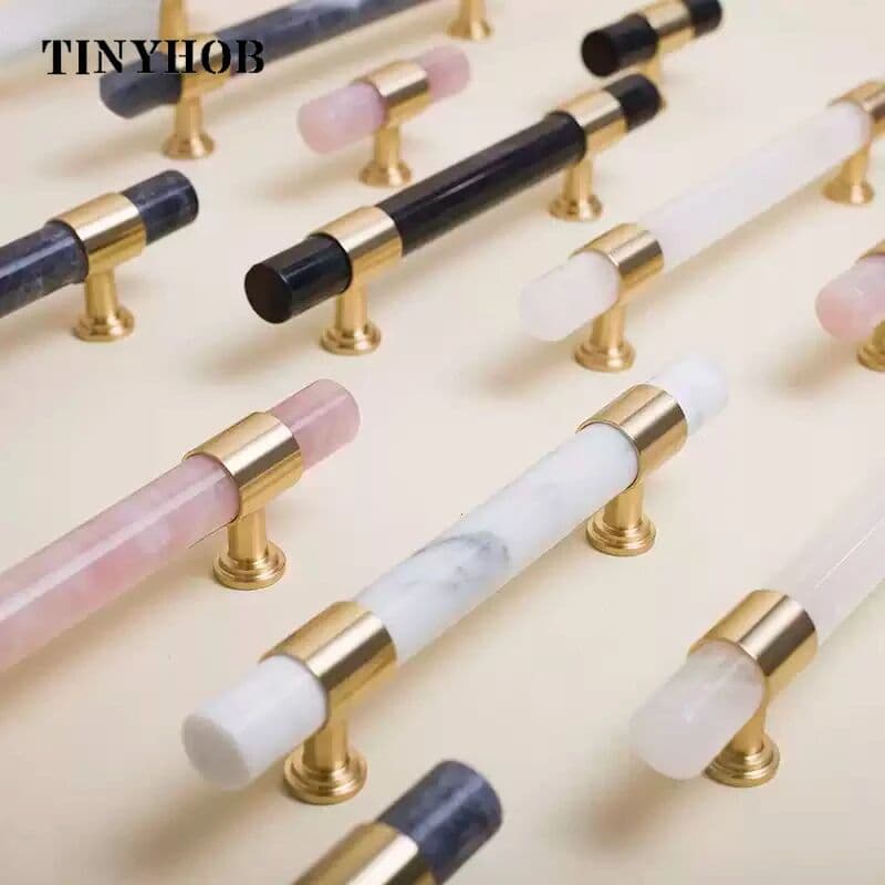 TINYHOB Natural Marble/Pink Crystal + Brass T Bar Cabinet Handle and Knobs Kitchen Cupboard Door Pulls Furniture Handle Dresser Hardware