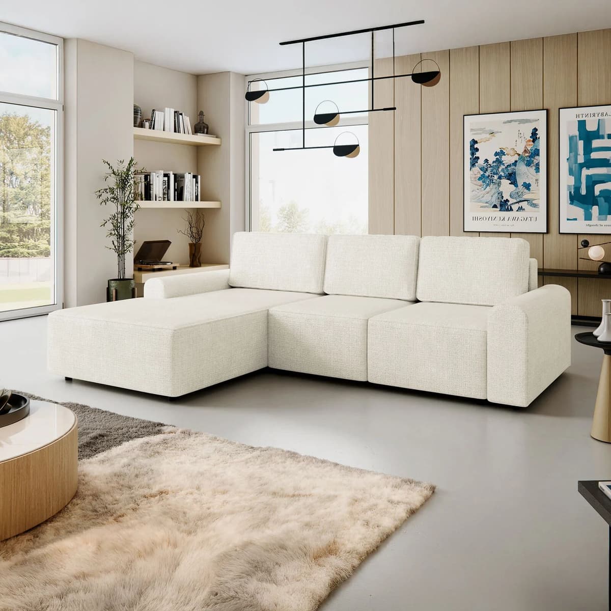 garneroarredamenti Divano letto angolare sinistra 3 posti 258x168 cm con contenitore a trama sottile beige Olivon